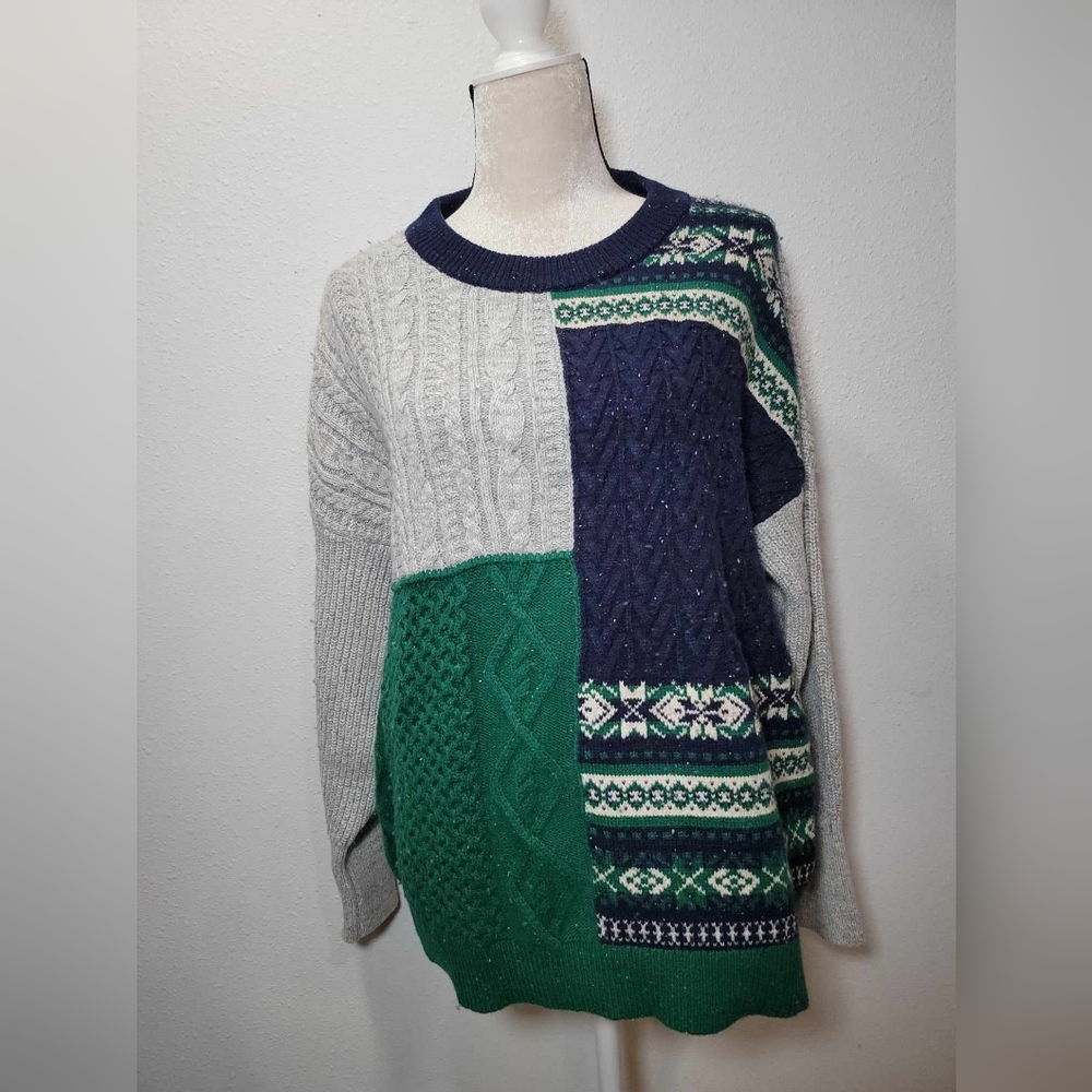 Lands End Sweater Womens Wool Blend Crew Color Block Fairisle Patchwork Sz M